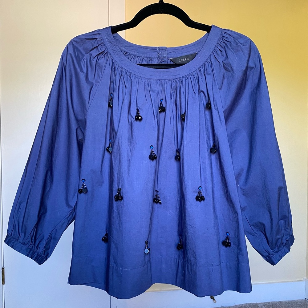 Jcrew Navy beaded cotton crewneck peasant blouse